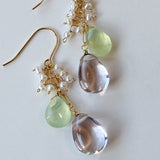 ピンクアメジストとプレナイト、淡水パールのブーケピアス