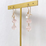 ローズクォーツと両剣水晶、淡水パールのピアス