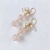 ローズクォーツと両剣水晶、淡水パールのピアス