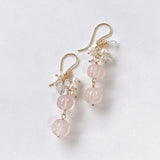 ローズクォーツと両剣水晶、淡水パールのピアス