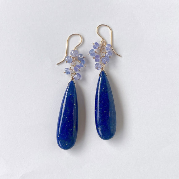 大きなラピスラズリとタンザナイトのブーケピアス