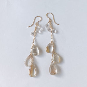 Golden rutilated quartz and herkimer quartz long earrings 