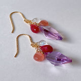 Peruvian rhodochrosite, lavender amethyst, ruby ​​and rainbow moonstone earrings 