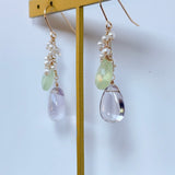 ピンクアメジストとプレナイト、淡水パールのブーケピアス