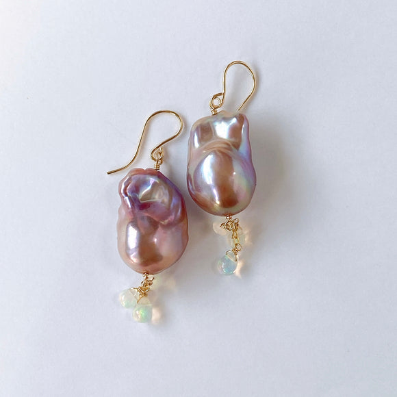 Oyster baroque pearl and opal earrings