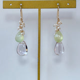 ピンクアメジストとプレナイト、淡水パールのブーケピアス