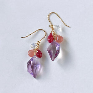 Peruvian rhodochrosite, lavender amethyst, ruby ​​and rainbow moonstone earrings 