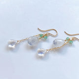 デュモルチェライトインクォーツとコロンビア産エメラルド、ムーンストーンのピアス