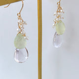 ピンクアメジストとプレナイト、淡水パールのブーケピアス