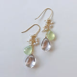 ピンクアメジストとプレナイト、淡水パールのブーケピアス