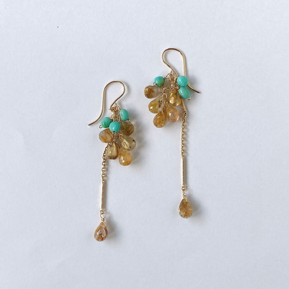 ルチルクォーツとソノランターコイズのシャンデリアピアス