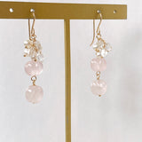 ローズクォーツと両剣水晶、淡水パールのピアス