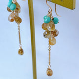 ルチルクォーツとソノランターコイズのシャンデリアピアス