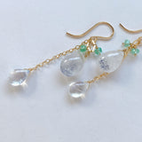 デュモルチェライトインクォーツとコロンビア産エメラルド、ムーンストーンのピアス