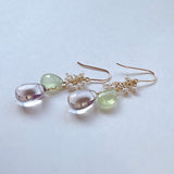 ピンクアメジストとプレナイト、淡水パールのブーケピアス