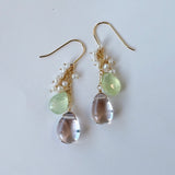 ピンクアメジストとプレナイト、淡水パールのブーケピアス