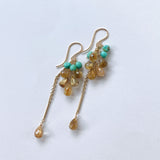 ルチルクォーツとソノランターコイズのシャンデリアピアス