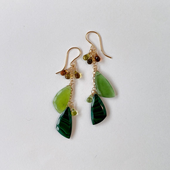 Green earrings with malachite, serpentine and petrol tourmaline