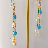 アコヤベビーパールとスリーピングビューティーターコイズ、ダイヤモンドの2連ピアス