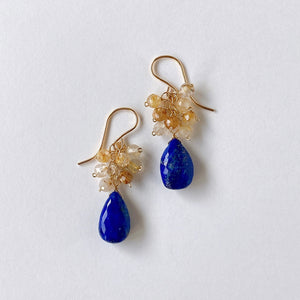 Lapis lazuli and golden rutilated quartz bouquet earrings