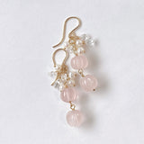 ローズクォーツと両剣水晶、淡水パールのピアス