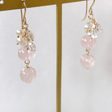 ローズクォーツと両剣水晶、淡水パールのピアス