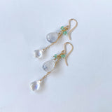 デュモルチェライトインクォーツとコロンビア産エメラルド、ムーンストーンのピアス