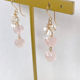 ローズクォーツと両剣水晶、淡水パールのピアス