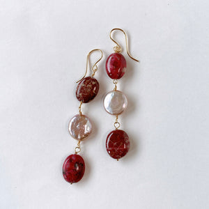 Triple earrings with thulite and freshwater pearls