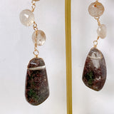 Large garden quartz and golden rutilated quartz long earrings