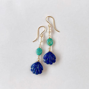 Lapis lazuli, turquoise and Akoya baby pearl earrings 