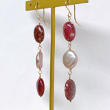 Triple earrings with thulite and freshwater pearls