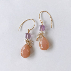 Pink opal, pink amethyst, imperial topaz and freshwater pearl earrings 