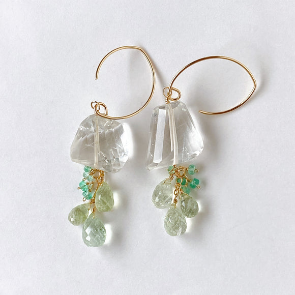 Crystal, yellow beryl and Colombian emerald earrings