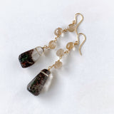 Large garden quartz and golden rutilated quartz long earrings