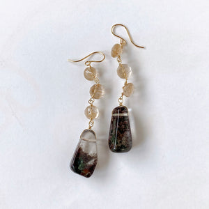 Large garden quartz and golden rutilated quartz long earrings