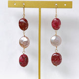 Triple earrings with thulite and freshwater pearls