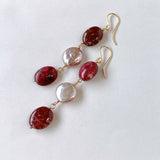 Triple earrings with thulite and freshwater pearls