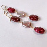 Triple earrings with thulite and freshwater pearls