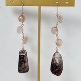 Large garden quartz and golden rutilated quartz long earrings