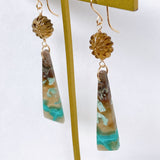 Opalized wood and honey quartz flower earrings No.4-9 