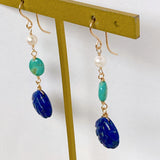 Lapis lazuli, turquoise and Akoya baby pearl earrings 