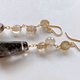 Large garden quartz and golden rutilated quartz long earrings