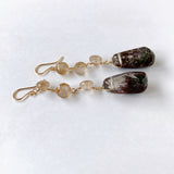 Large garden quartz and golden rutilated quartz long earrings