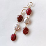 Triple earrings with thulite and freshwater pearls