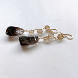 Large garden quartz and golden rutilated quartz long earrings