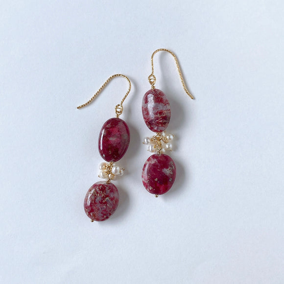 Thulite and freshwater pearl earrings