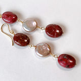 Triple earrings with thulite and freshwater pearls