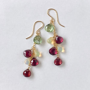 Rutile peridot, rhodolite garnet and opal earrings