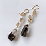 Large garden quartz and golden rutilated quartz long earrings